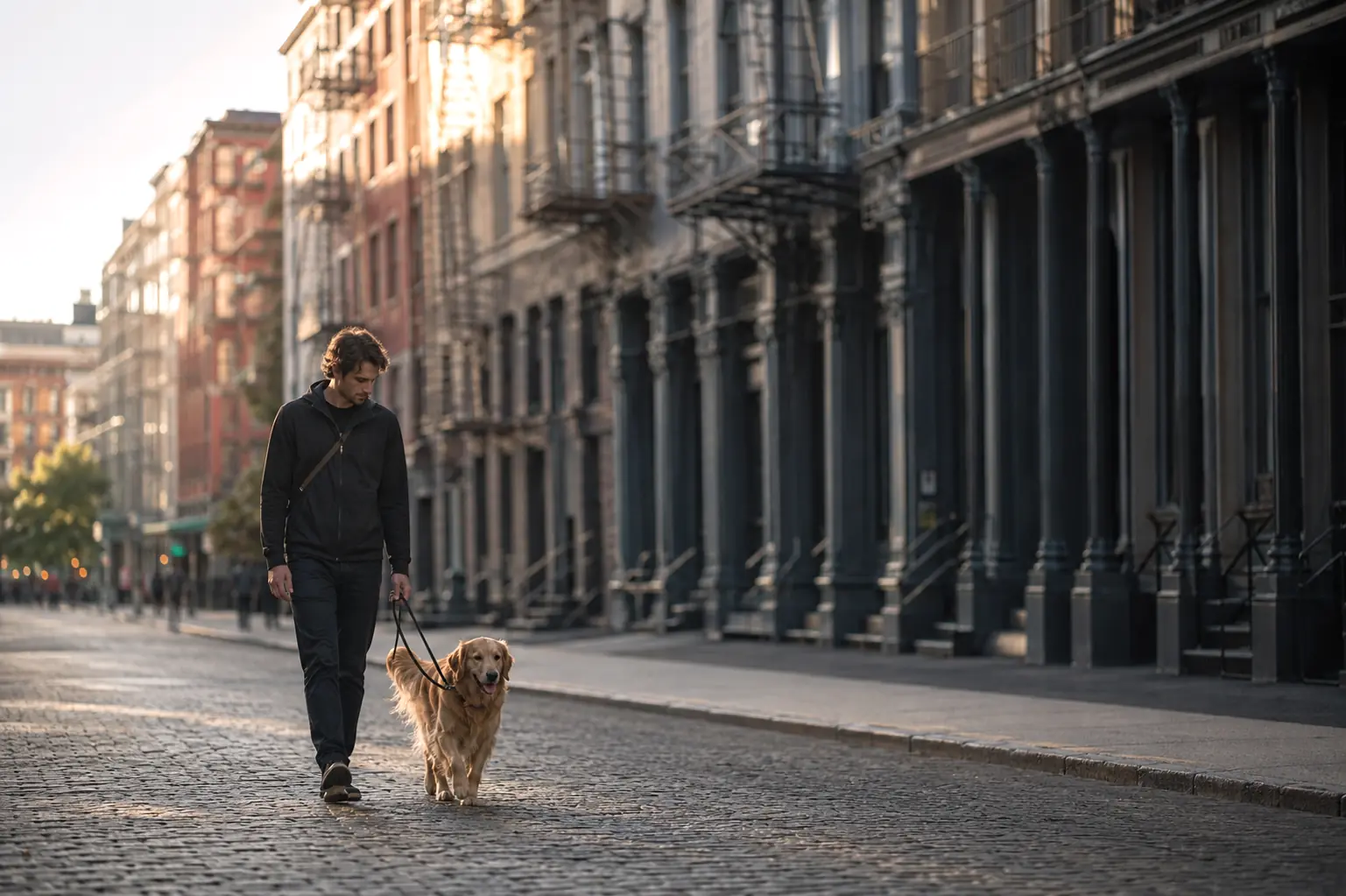 A POOCHi dog walker with a golden retriever on a cobblestone SoHo street at sunrise