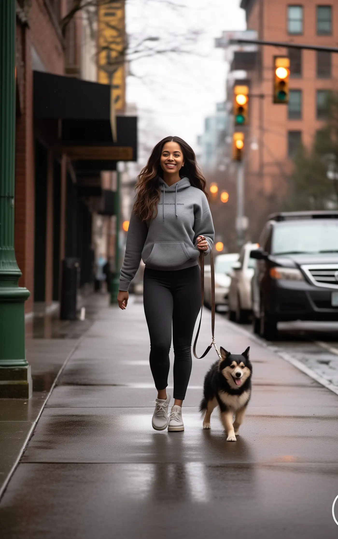 A POOCHi dog walker on a cobbled SoHo street